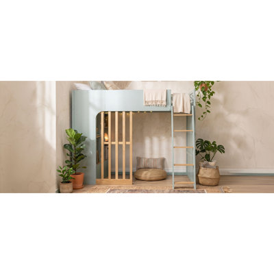 Lit mezzanine avec tablettes, lit mezzanine en bois avec échelle et tablettes de rangement