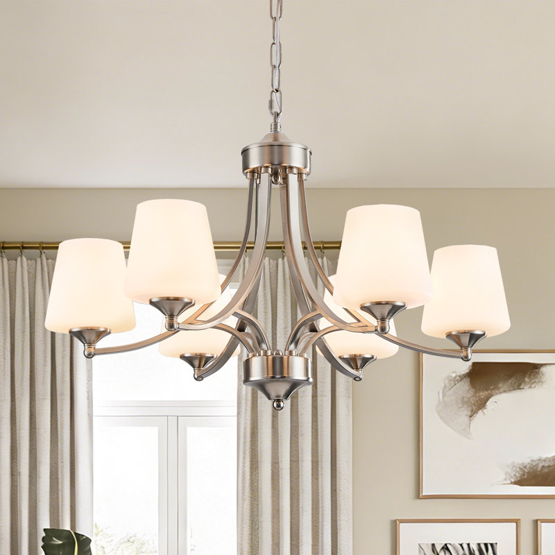 6-light Brushed Nickel Traditional Chandelier Pendant Light Fixture With Frosted Glass, Ceiling Lighting Hanging Lamp For Dining Room Living Room Bedroom