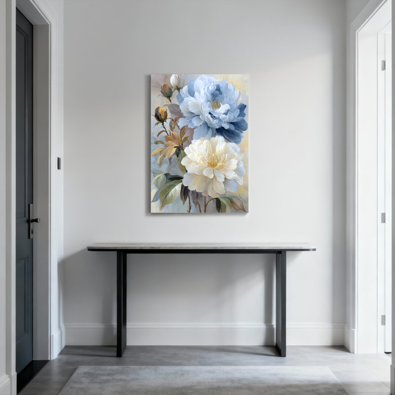 Ensemble de 1 tableau mural sur toile tendue à motif floral de pivoine bleue et blanche, H 36 po x l 24 po