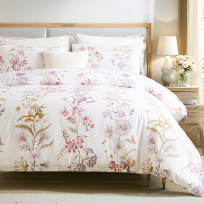 100% Cotton Duvet Cover Queen Size – Pastel Lavender Print Vintage Bedding Set with Zipper Closure, 3 Pieces Luxury & Silky Soft Comforter Cover for All Seasons
