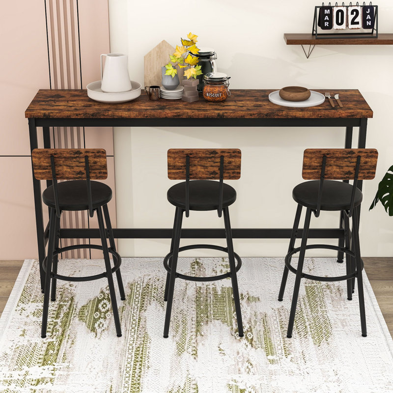 Ensemble de table de salle à manger long 4 pièces avec 3 tabourets rembourrés en polyuréthane, Brun rustique