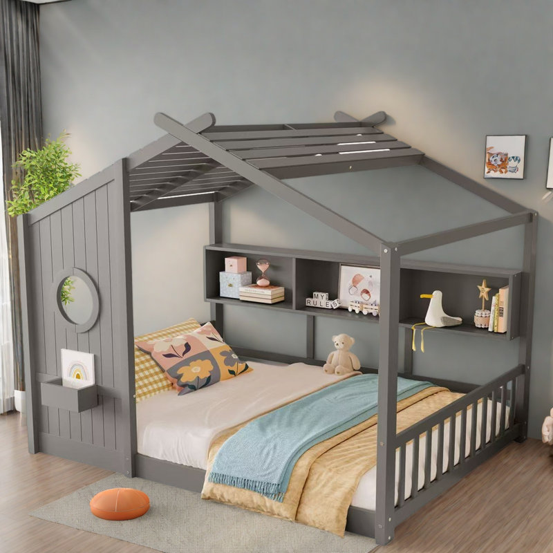 Lit sur pied avec tablettes de rangement, Gris, Lit double