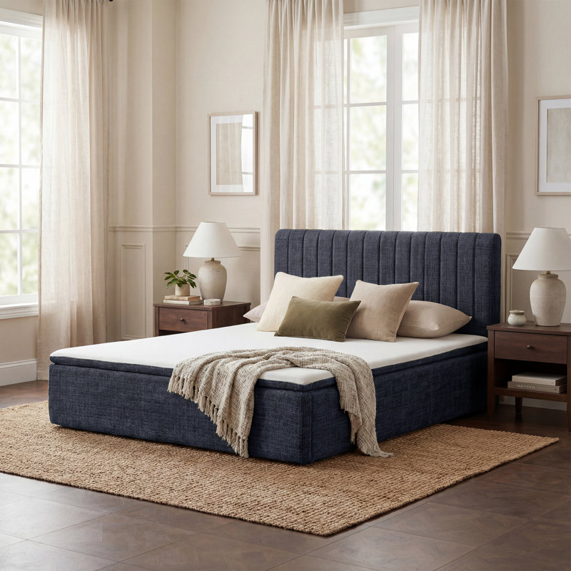 Zipper-Connected Compression Bed With A 15” High Mattress And Tufted Headboard, Blue, Full