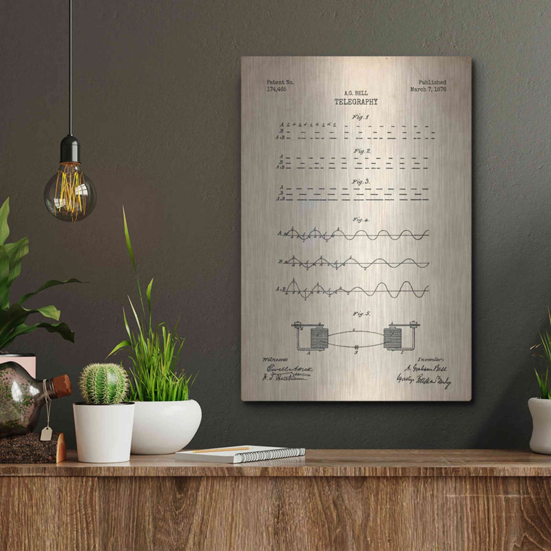 «Telegraphy Blueprint Brevet Parchment», art mural en métal, H 16 po x l 12 po