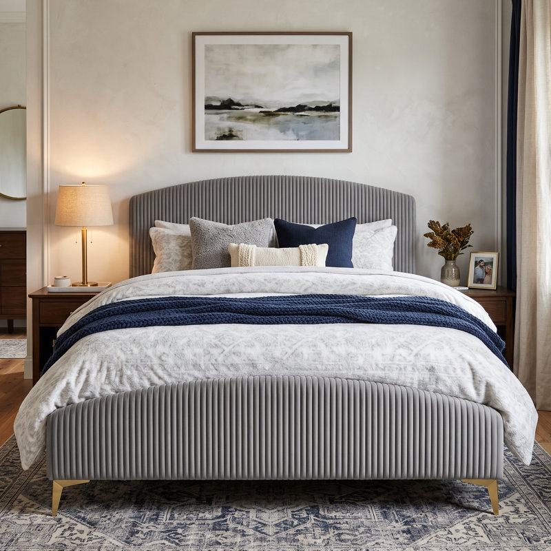 Alphonse Upholstered Velvet Standard Bed, Full, Gray Velvet