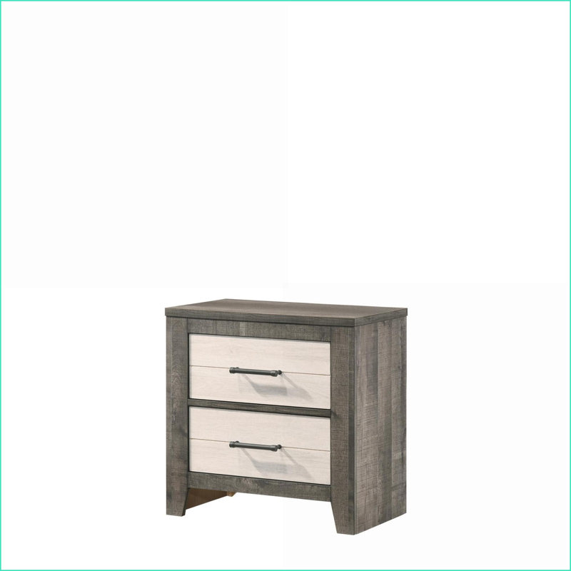 Table de chevet bicolore avec 2 tiroirs Farmhouse Poignées en métal gris beige