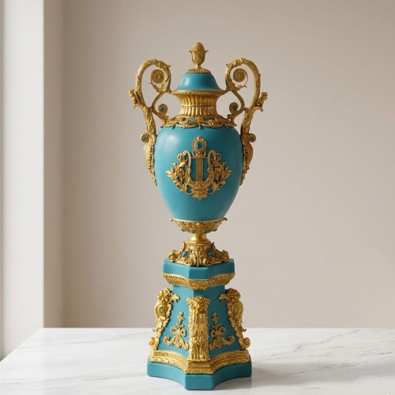 Blue Porcelain & Bronze Cherub Lidded Vase, 43" Tall Statement Urn with Ornate Handle — Grand Vintage-Style Centerpiece for Entryway, Living Room & Dining Room