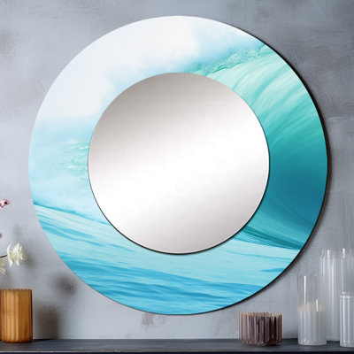 Turquoise Wondrous Wave Spiral I - Abstract Spirals Decorative Mirror, Modern Round Wall Mirror, Printed Metal Art