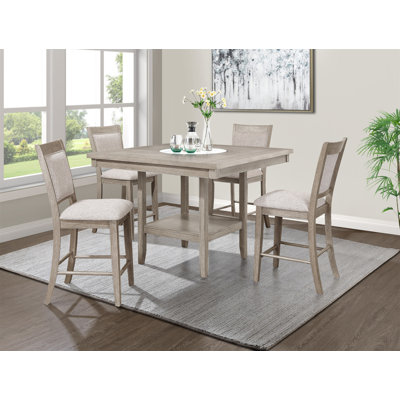 Ensemble de salle à manger 5 pièces de style campagnard contemporain à hauteur de comptoir l 20 po Faux marbre blanc Paresseux tout brun clair / Beige Gris Chaises rembourrées Placages de bois massif Mobilier de salle à manger en bois massif