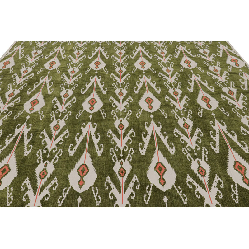 Rug & Kilim’S Contemporary Dhurrie Rug In Green With White & Pink Ikats Patterns