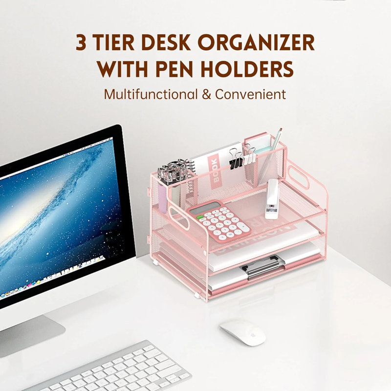 Organisateur de bureau à 3 niveaux avec poignée et 3 porte-stylos, Rose