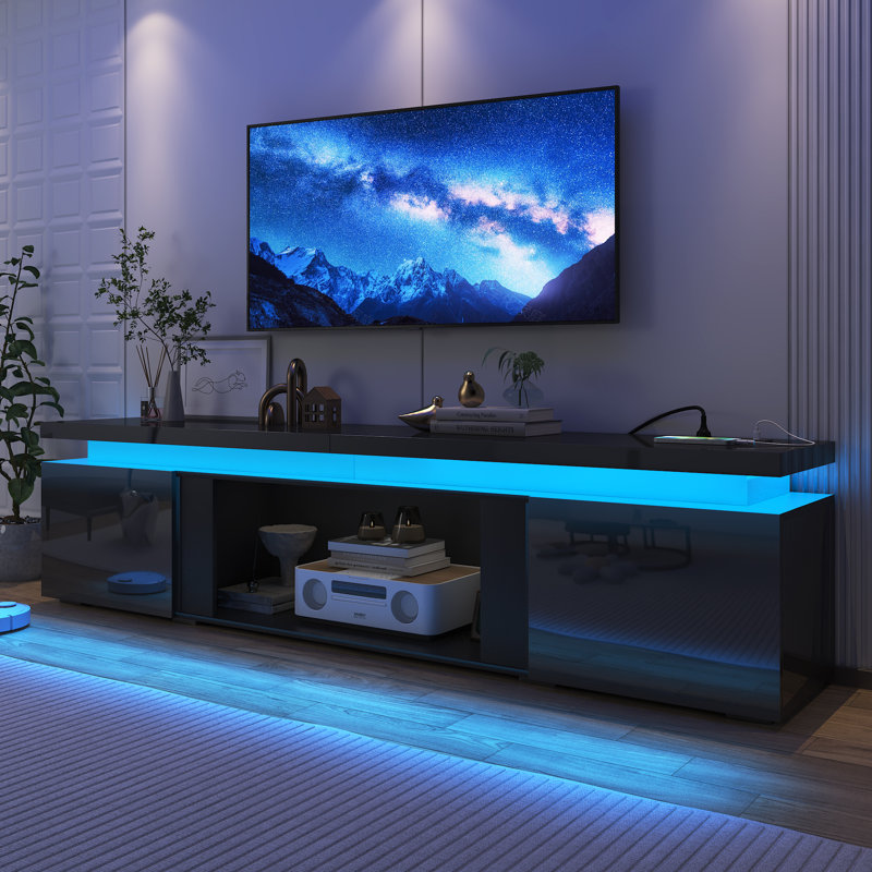 71" High Gloss TV Stand With Power Outlet And LED Light, Black, 20.3"H x 71"L x 15"W