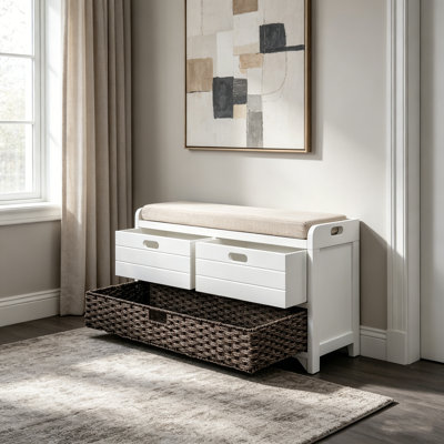 Banc de rangement avec panier amovible et 2 tiroirs, range-chaussures entièrement assemblé avec coussin confortable