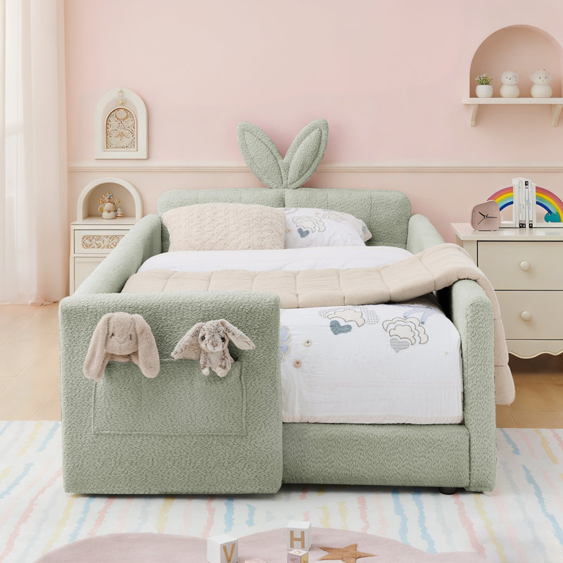 Cadre de lit rembourré pour enfants avec rails de sécurité et rangement, lit plateforme Boucle avec tête de lit et garde-corps, cyan, simple