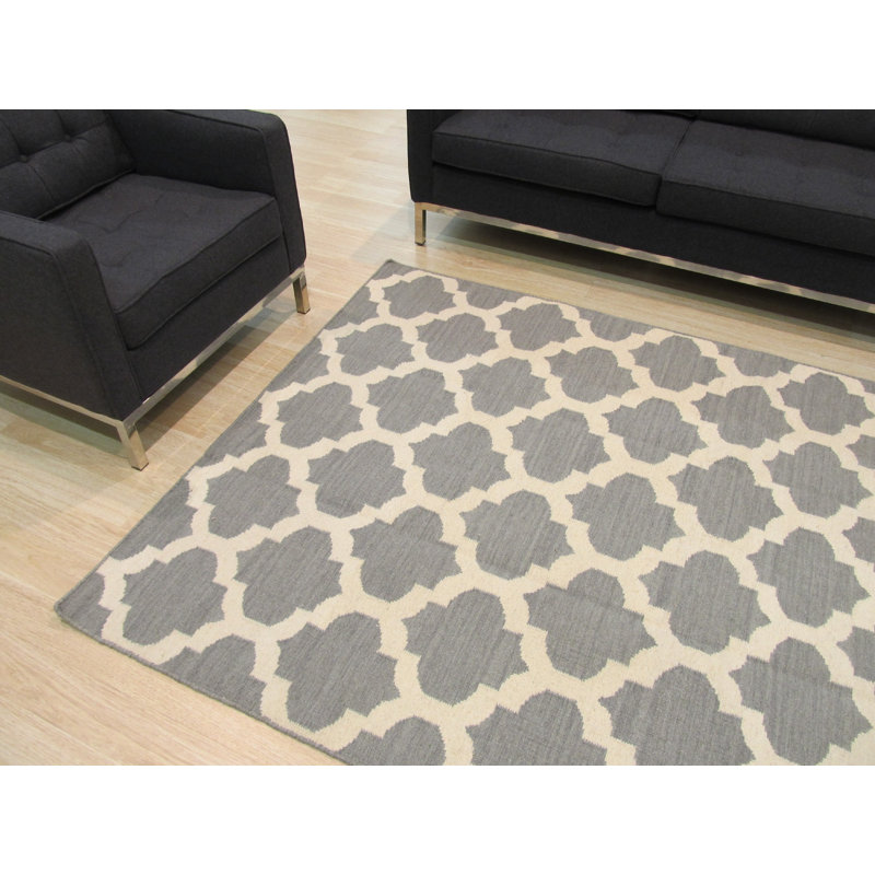 Gray Hand-Knotted Wool Ogee Lattice Geometric Modern Contemporary Carpet Rug, 10' x 14'