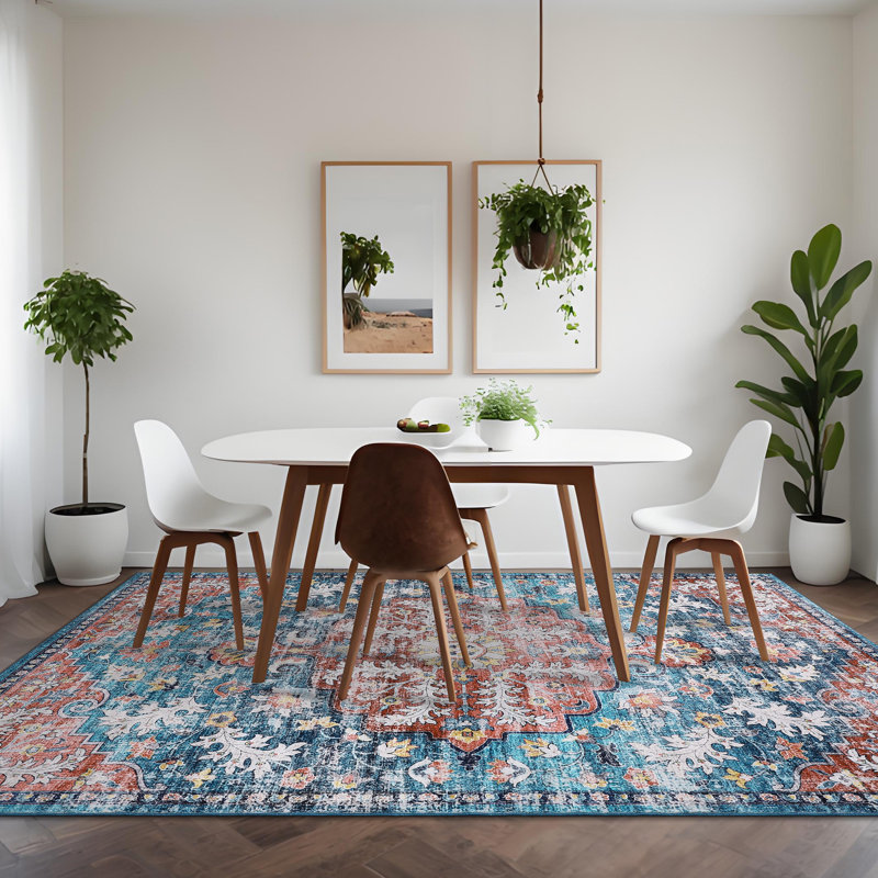 9 x 12 ft Polyester  Imitation Blue Rectangular Area Rug Flower Printed Persian Foldable Washable for Hallway Bathroom Entryway Kitchen Office