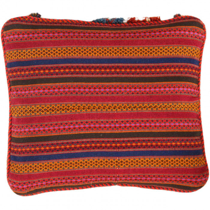 Coussin Gabbeh fin noué à la main 14 po x 16 po, Vert / rouge / ivoire