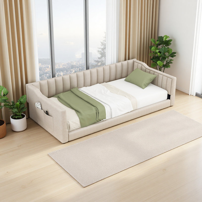 Lit de jour rembourré et poche de rangement latérale, Très grand simple, Beige