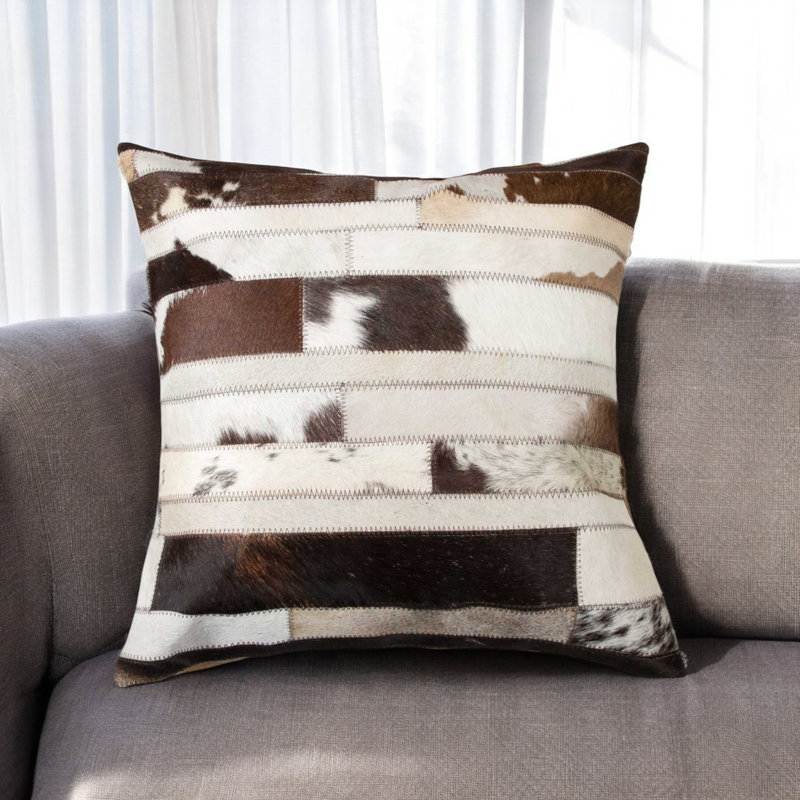18" Abstract Cowhide Throw Pillow, Chocolate Natural