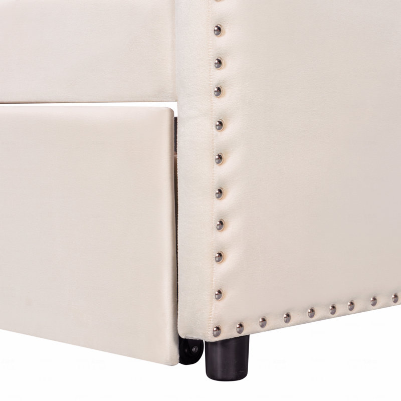 Structure de lit de jour simple en velours rembourré avec couchette escamotable, Beige