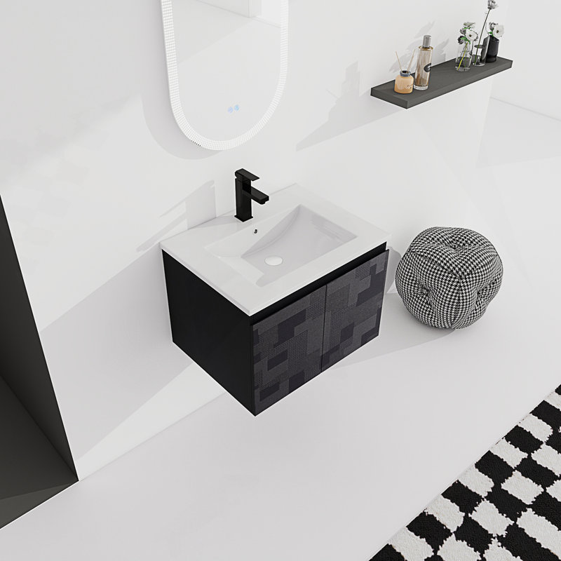 Rangement pour salle de bain, meuble-lavabo mural simple flottant avec lavabo en céramique et porte d'armoire à fermeture en douceur pour la salle de bain