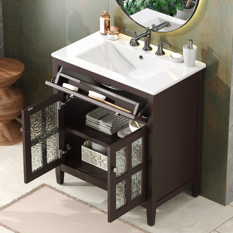  Meuble-lavabo 30 po avec lavabo en céramique, portes en verre texturé, tablette réglable, plateau basculant, brun foncé