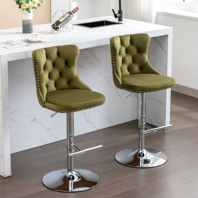 Moderne rembourré, pivotant à 360 °, siège réglable de 25 à 33 pouces de hauteur, dossier, olive pour îlot de cuisine pour la maison et velours pivotant à hauteur pivotante, olive, 2 pièces