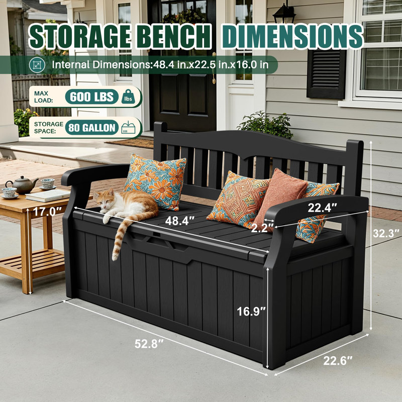 Banc de rangement 80 gallons verrouillable pour meubles de patio, Noir