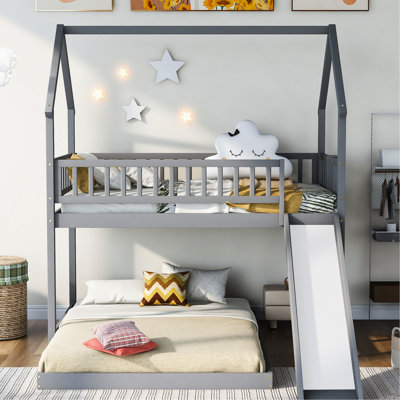 Lit superposé simple au-dessus d'un lit double gris avec glissade et garde-corps massif en bois de pin de qualité, sans sommier tapissier requis