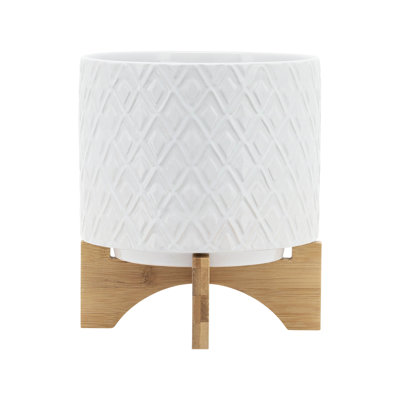 White Ceramic 8" Diamond Planter With Stand - Stylish For Indoor Plants, Fits Any Patio, Garden, Pool Area Decoration Succulents, Living Room,