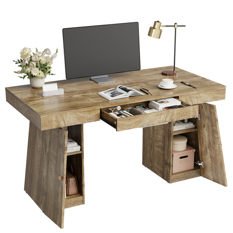 Bureau d'ordinateur moderne de 55 po avec tiroirs et tablettes de rangement, grand bureau de jeu avec 2 armoires pour bureau personnel et bureau, naturel