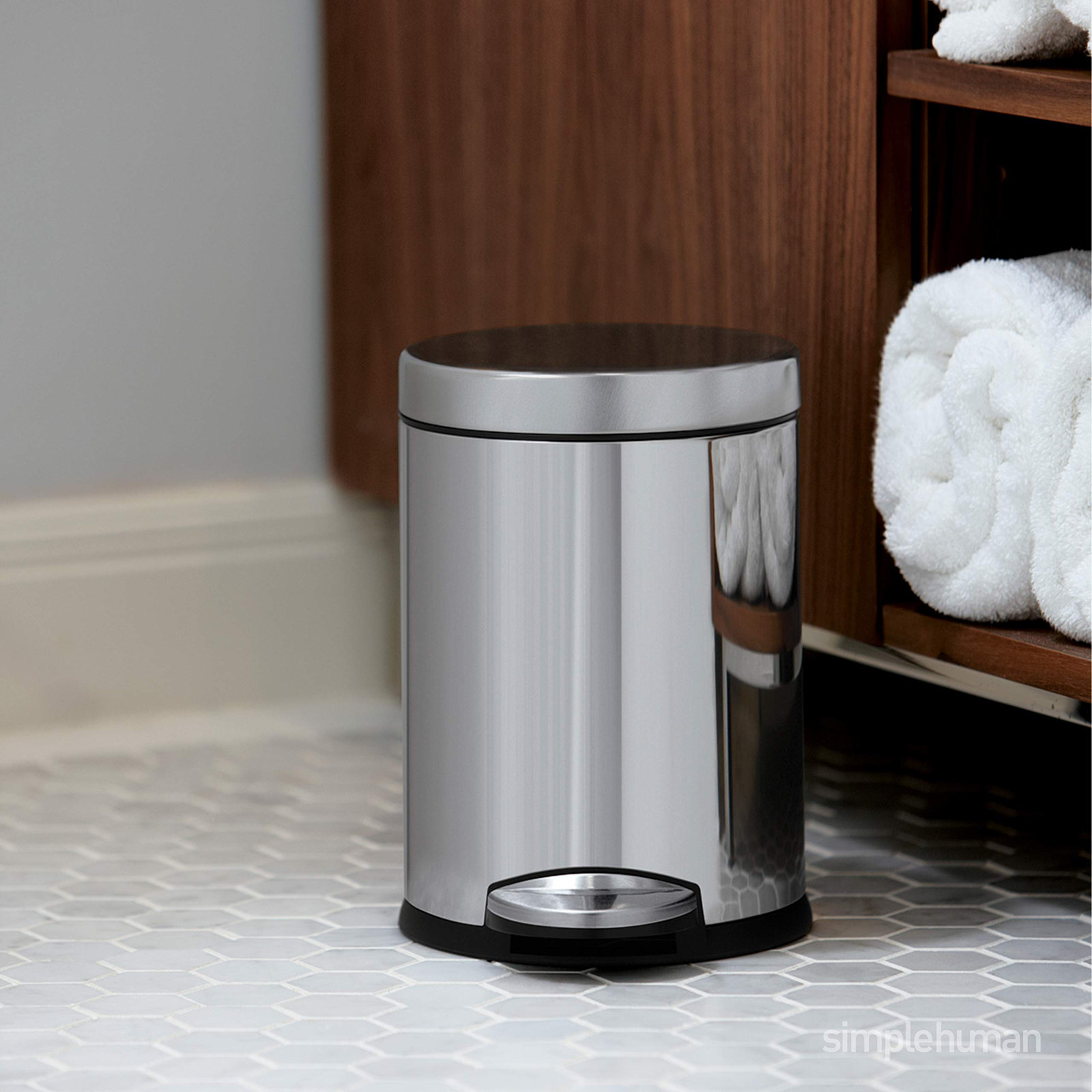 simplehuman 1.2gal Round Step-On Trash Can, Brushed Stainless Steel