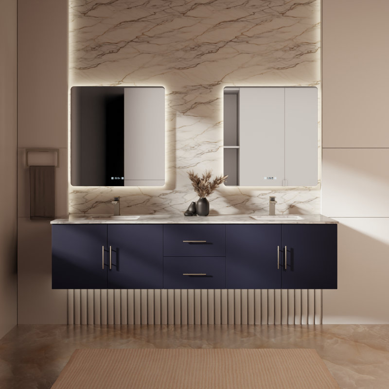 Ensemble de meuble-lavabo double mural 80 "avec miroir Geneva, Marine, Marbre de Carrare blanc
