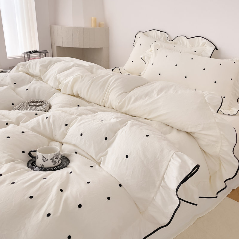 Joli ensemble de housse de couette en microfibre à pois, Housse de couette grand et 2 taies d'oreiller stan, Blanc