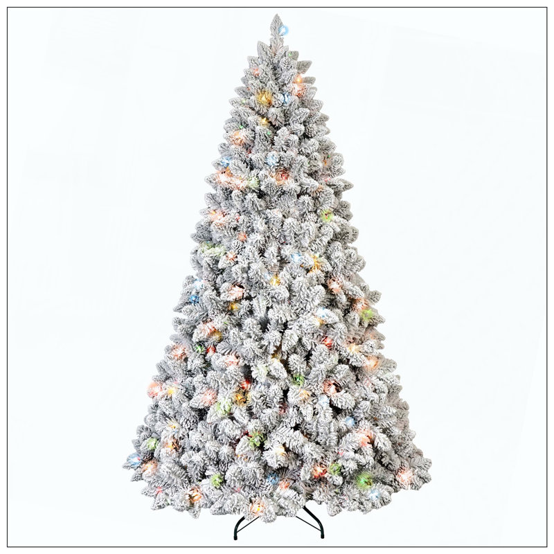 Arbre de Noël floqué avec 350 lumières colorées et 36 pommes de pin naturelles - 888 pointes en PVC enneigées, branches articulées, support en métal stable, installation facile