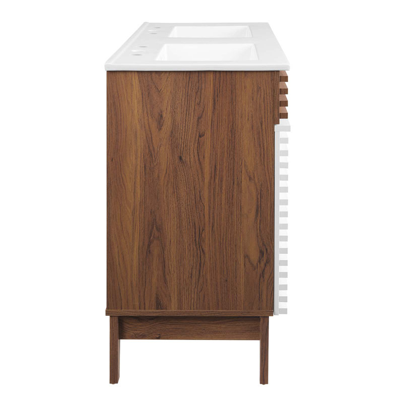 Render 48" White and Walnut Double Sink Bathroom Vanity