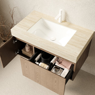 Meuble-lavabo flottant de 36 po, comptoir en pierre frittée, lavabo en céramique avec trou de robinet, armoire de rangement en contreplaqué, meuble-lavabo et lavabo encastré, beige, avec comptoir et porte,
