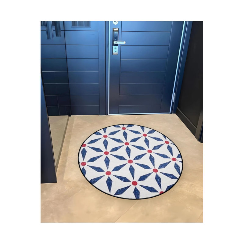 White Blue Geometric Patterned Round Woven Base Modern Decorative Carpet, Round 2'8"