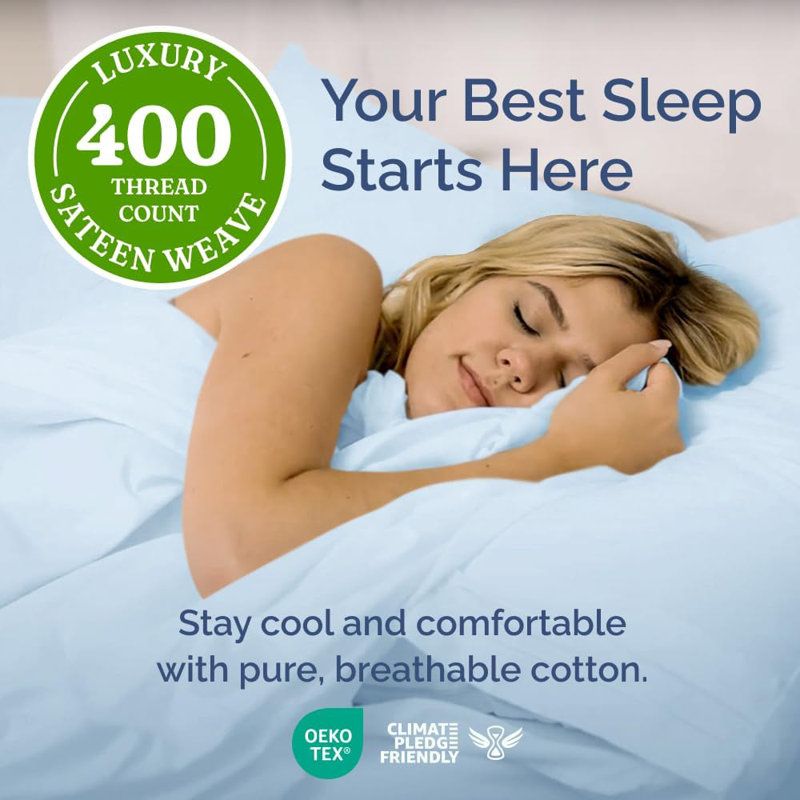 100% Cotton Sheet Set, 400 Thread Count Hotel Luxury Bedding, Soft & Breathable Bed Sheets, 4 Piece Set, Light Blue