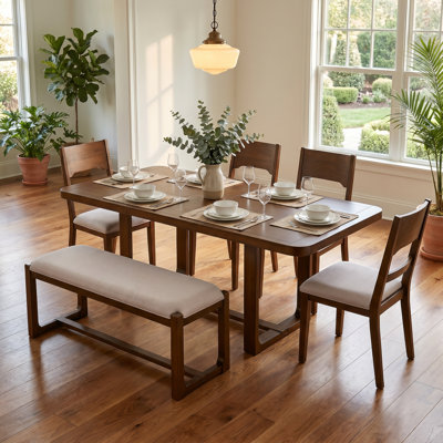60"-84" Expandable Extendable Solid Wood Dining Table Set, 6-Piece Rectangular Dining Room Set with Padded Chairs & Bench
