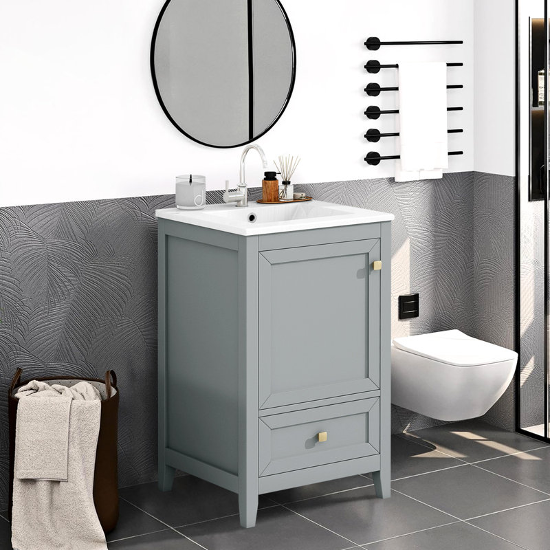 Meuble-lavabo de salle de bain avec lavabo, armoire de salle de bain avec porte, support de rangement et tiroir, Gris / Blanc