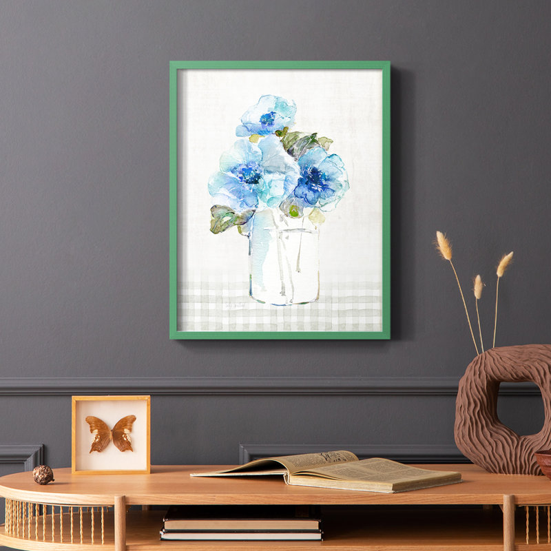 «Gingham Blue Flowers I», reproduction encadrée - bois massif, Vert, H 10 po x l 8 po