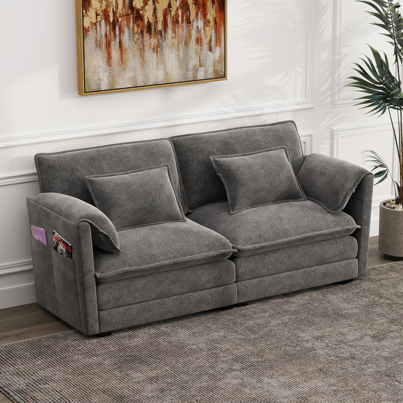 Coussin en chenille gris foncé 75,3 po: coussin double, reconfigurable, coussins de fermeture à glissière, velcro, rangement latéral