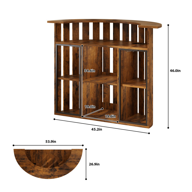 Armoire de bar rustique à lattes en bois avec espace pour réfrigérateur, prises de courant intégrées et éclairage à DEL, supports en verre et rangement à 4 niveaux, pour décorer un salon ou un pub