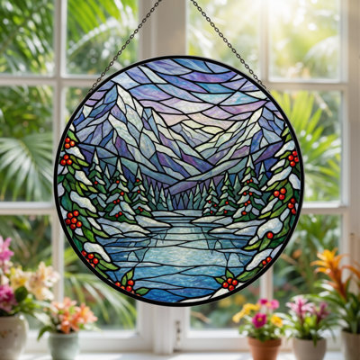 7.8"H Winter Landscape Stained Glass Window Panel
