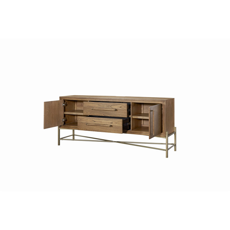 Buffet sophistiqué à lattes en métal avec options de rangement polyvalentes