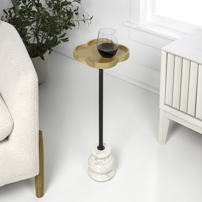Colby 24.5" Transitional Quatrefoil Mango Wood Top Drink Table - Black Iron Pedestal & White Marble Base Martini Accent End Table