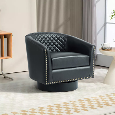 Upholstered Black Faux Leather Tufted Barrel Small Swivel Chair with Nailhead Trim