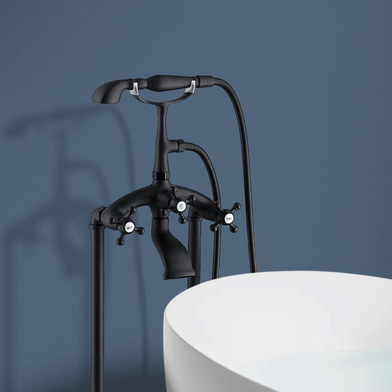 Topcraft Floor Mounted Freestanding Tub Faucet with Handheld Shower, Matte Black