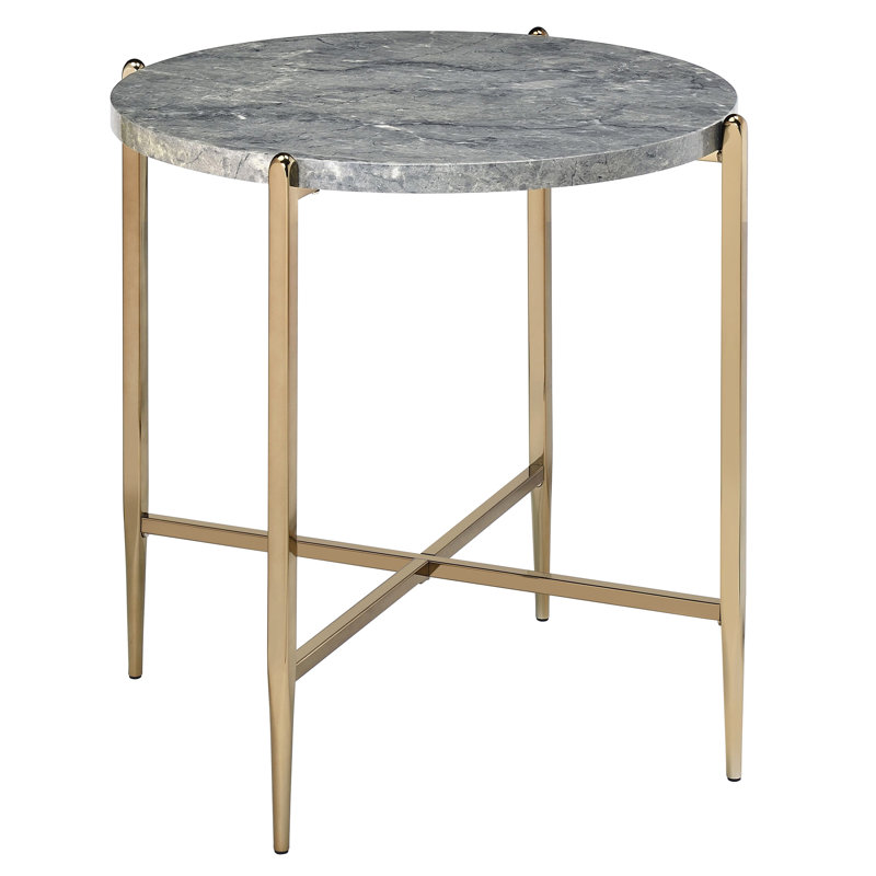 Table de bout ronde moderne avec surface en faux marbre gris et détails en métal champagne pour un usage domestique